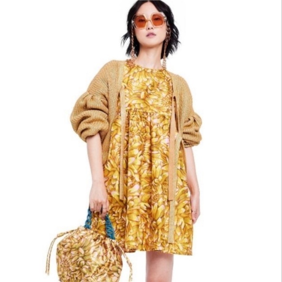 Woman’s Floral Print Midi Puff Sleeve Dress Kika Vargas Gold Size 4X - Picture 2 of 8